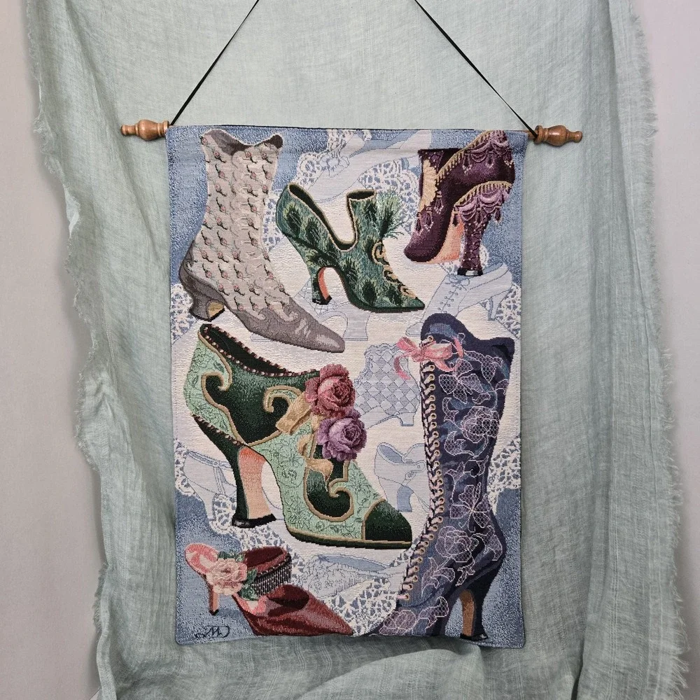 Victorian Themed Wall Hanging Tapestry Girlie Shoes Boots Rod & Ribbon 17